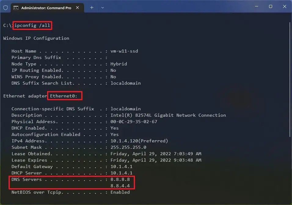 مشاهده تنظیمات dns با cmd